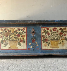 Delightful Folk Art Painted Marriage Box with Wild Flowers on Blue & Cream