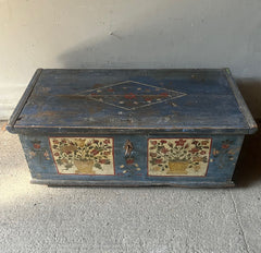Delightful Folk Art Painted Marriage Box with Wild Flowers on Blue & Cream