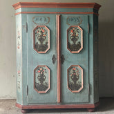 Delightful Antique Folk Art Pine Marriage Cupboard in Powder Blue & Pink