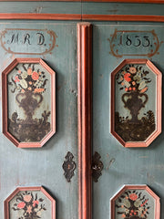 Delightful Antique Folk Art Pine Marriage Cupboard in Powder Blue & Pink