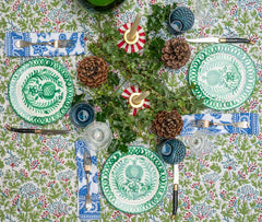 Kelpie' Block Printed Red & Green Floral Tablecloth