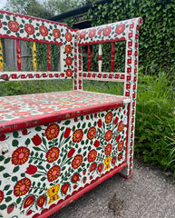 Exceptional Long Folk Art Painted Antique Marriage Bench | John Cornall