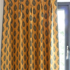 Laibik Small Print Charcoal Grey on Mustard Linen Fabric | Julia Brendel