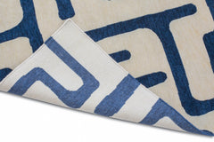 Hand Knotted New Zealand Wool 80 Knots Sapphire Blue Maze Pattern Kuba Rug