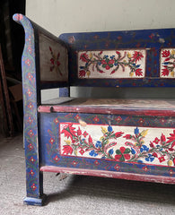 Antique Folk Art Painted Marriage Bench with Flowers on Blue | John Cornall