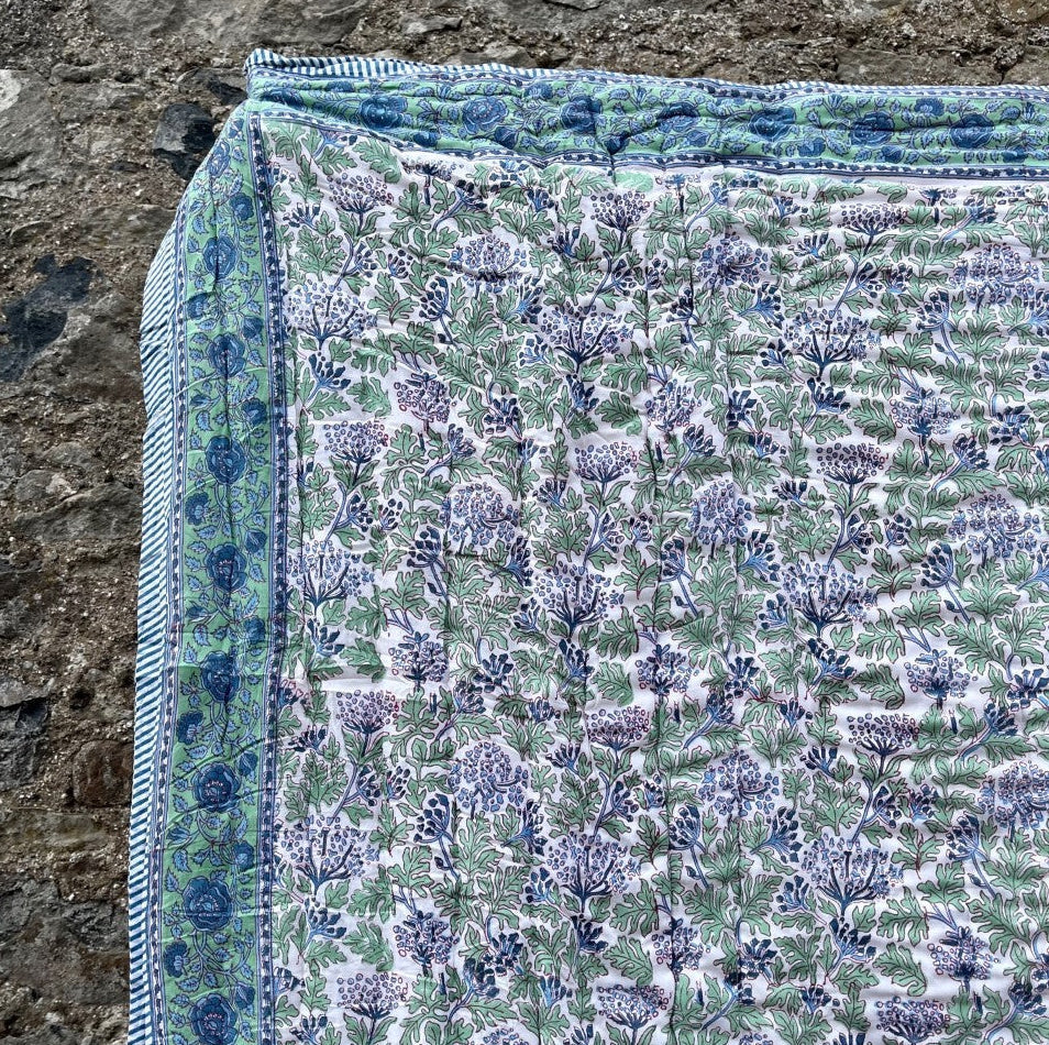 Kelpie' Handblock Printed Blue & Green Floral Quilt with Striped Border