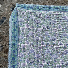 Kelpie' Handblock Printed Blue & Green Floral Quilt with Striped Border