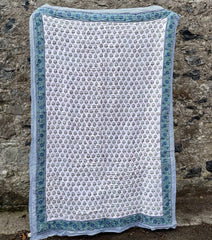 Kelpie' Handblock Printed Blue & Green Floral Quilt with Striped Border