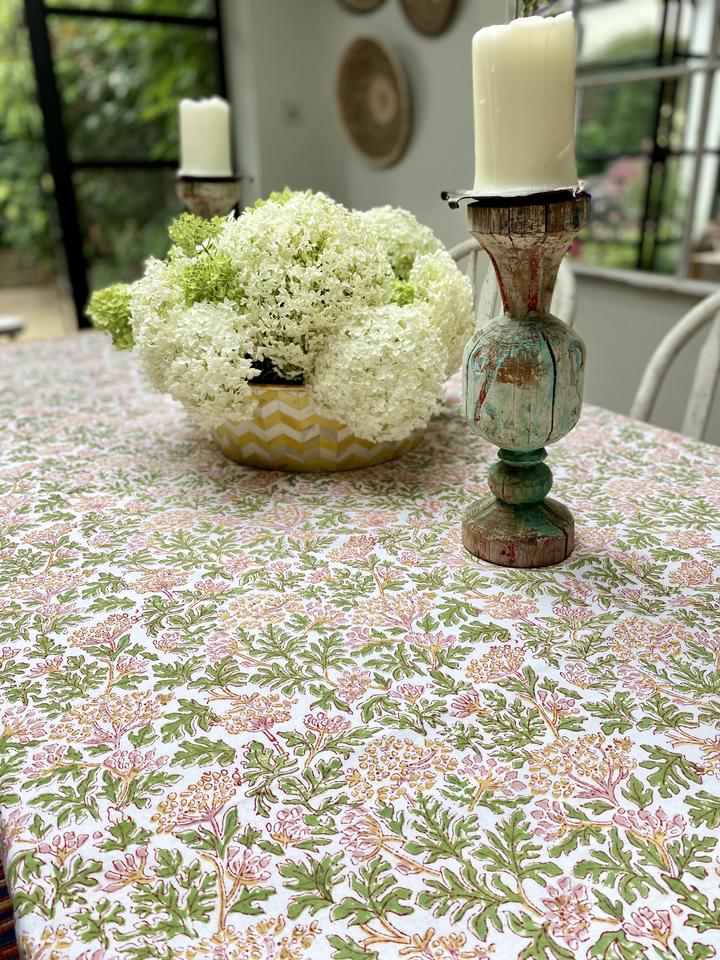 Kelpie' Block Printed Pink & Green Floral Tablecloth