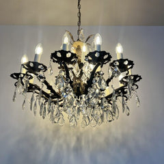 Large Antique Brass Chandelier with Cut Glass Pear Drops