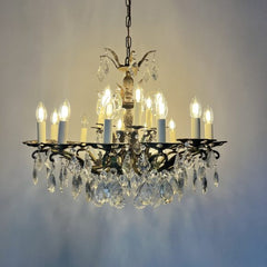 Large Antique Brass Chandelier with Cut Glass Pear Drops