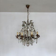 Large Antique Toleware Birdcage Chandelier with Decorative Glass Drops