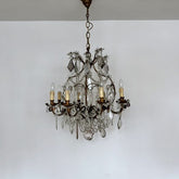 Large Antique Toleware Birdcage Chandelier with Decorative Glass Drops