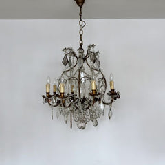 Large Antique Toleware Birdcage Chandelier with Decorative Glass Drops