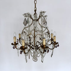 Large Antique Toleware Birdcage Chandelier with Decorative Glass Drops