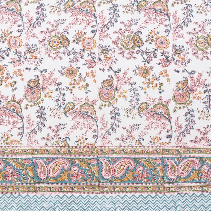 floral pink and blue block print cotton tablecloth mews furnishings