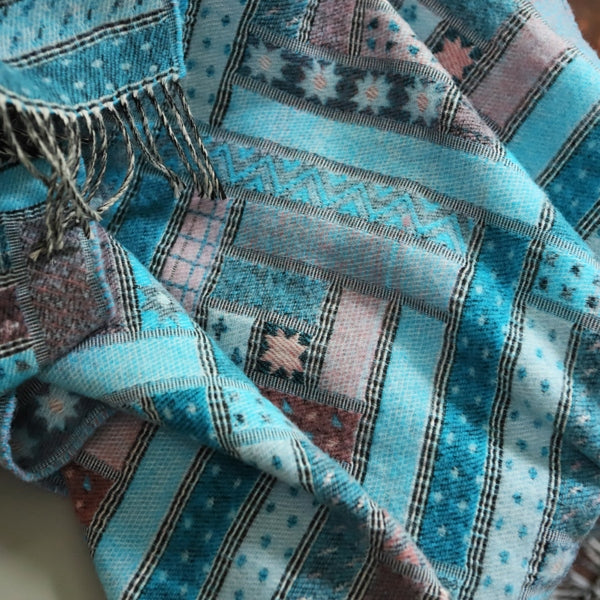 Turquoise Patterned Merino Wool Throw