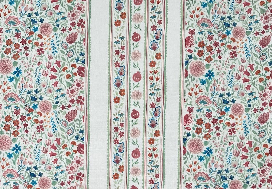 Moghul Meadow' Floral Striped Blue, Red & Green Cotton Fabric