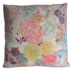 Light Multicoloured Floral Bouquet Linen Cushion