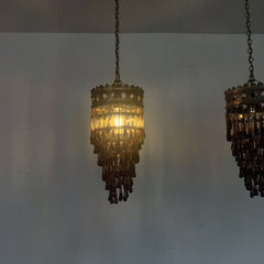 Pair of Antique Brass Waterfall Chandeliers with Brown Glass Teardrops