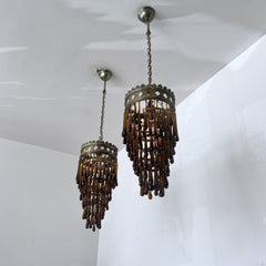 Pair of Antique Brass Waterfall Chandeliers with Brown Glass Teardrops