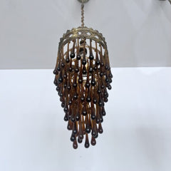 Pair of Antique Brass Waterfall Chandeliers with Brown Glass Teardrops