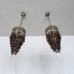 Pair of Antique Brass Waterfall Chandeliers with Brown Glass Teardrops