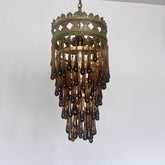 Pair of Antique Brass Waterfall Chandeliers with Brown Glass Teardrops