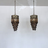 Pair of Antique Brass Waterfall Chandeliers with Brown Glass Teardrops