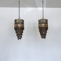 Pair of Antique Brass Waterfall Chandeliers with Brown Glass Teardrops
