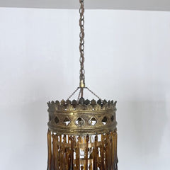 Pair of Antique Brass Waterfall Chandeliers with Brown Glass Teardrops