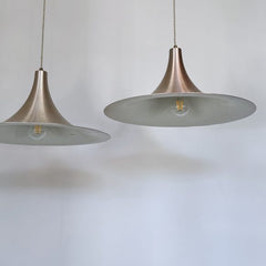 Pair of Mid Century Danish Spun Steel Trumpet Pendants | Vintage Lighting
