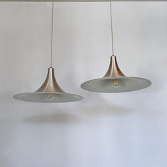 Pair of Mid Century Danish Spun Steel Trumpet Pendants | Vintage Lighting
