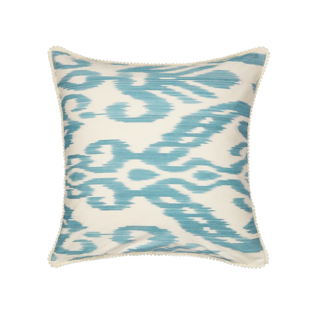Luxury Square Ikat Silk Cushion Light Blue & Cream