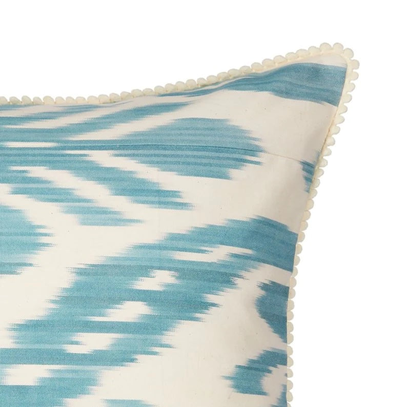 Luxury Silk Square Light Blue & Cream Ikat Cushion