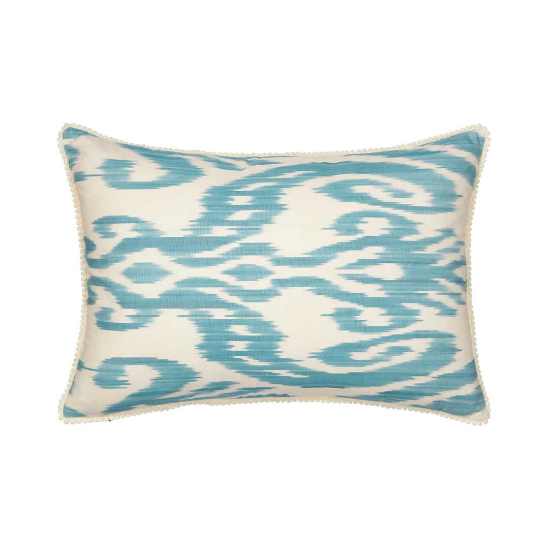 Luxury Silk Rectangular Light Blue & Cream Ikat Cushion