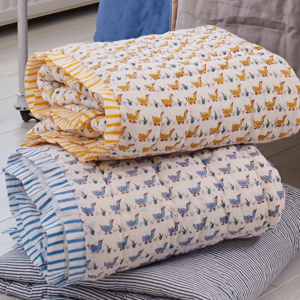 Yellow Duck' Hand Block Printed Cotton Quilt