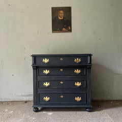 Small Antique Black Painted Pine Chest Of Drawers