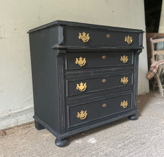 Small Antique Black Painted Pine Chest Of Drawers