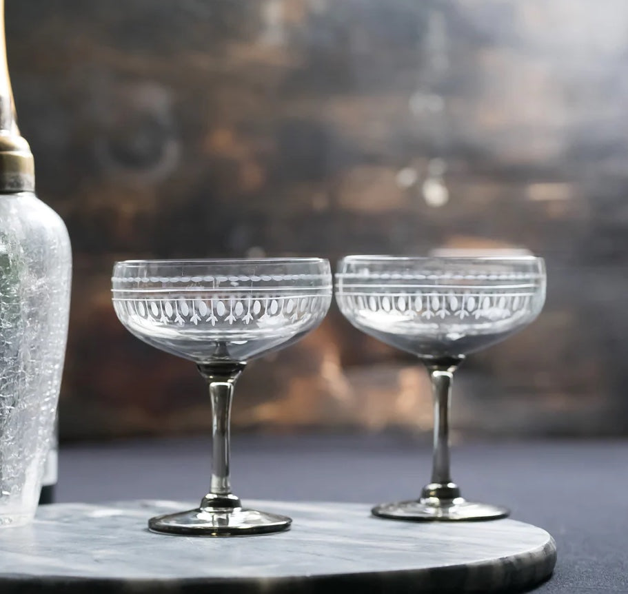 Set of 4 Smoky Coloured Crystal Cocktail Glasses with Ovals Design