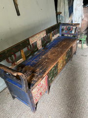 Superb Folk Painted Marriage Bench with Birds & Tree of Life