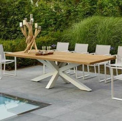 Solid Oak Top Garden Table with Steel Crisp White Cross Legs