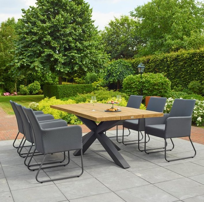 Solid Oak Top Garden Table with Steel Cross Legs