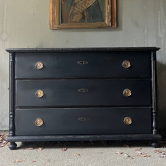 Wide Neo-Classical Antique Chest of Drawers in Warm Black