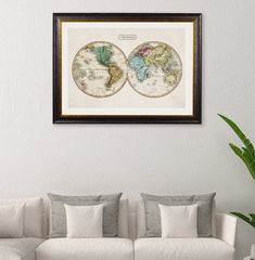 C.1800s Map of the World Framed Vintage Print