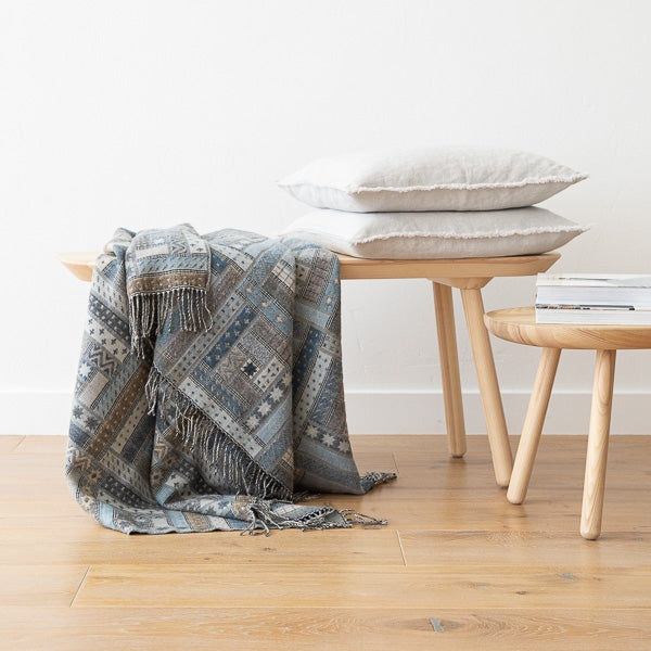 Blue Patterned Merino Wool Throw