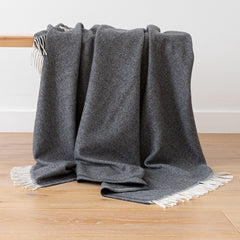 100% Cashmere Herringbone Throw In Charcoal Grey