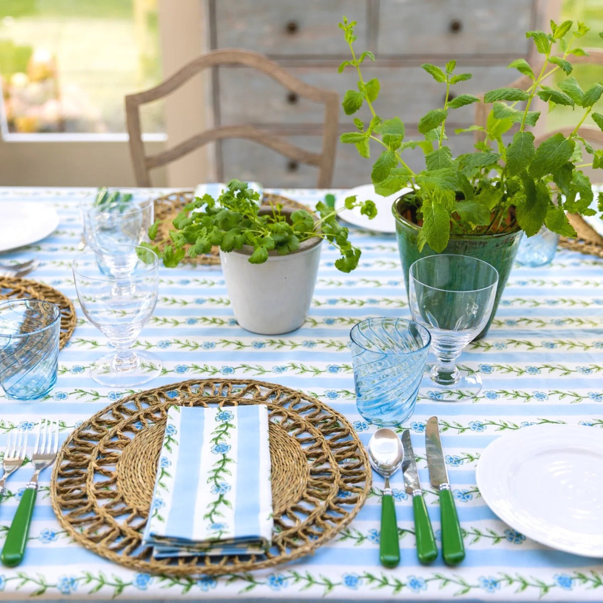 Set of 4 'Spring Garland' Blue and Green Striped Floral Napkins