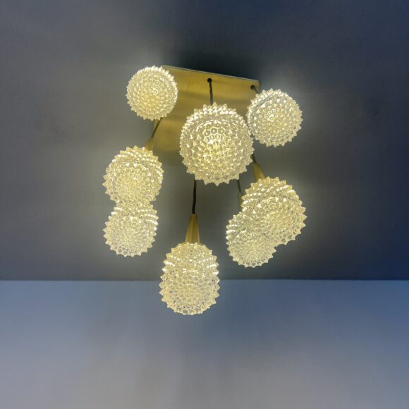 1970s Mid-Century Czech Brass Multi Pendant Chandelier