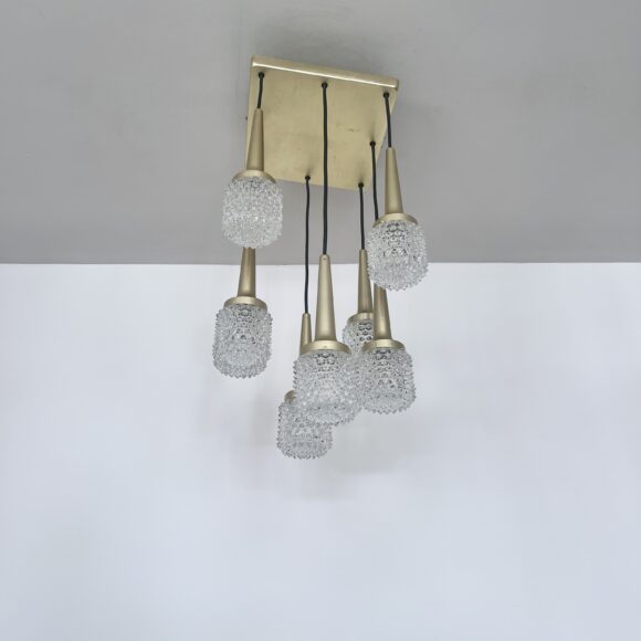 1970s Mid-Century Czech Brass Multi Pendant Chandelier